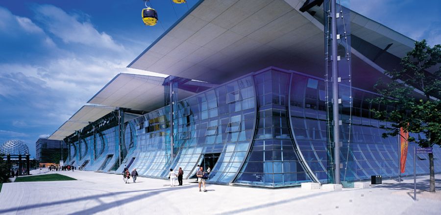 Cultural Building, Pavilion, Germany, Expo 2000, Concave glass facade