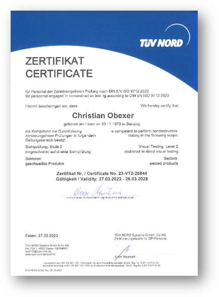 ZfP-Sichtprüfung <br />Stufe 2 (VT2) DIN EN ISO 9712:2012